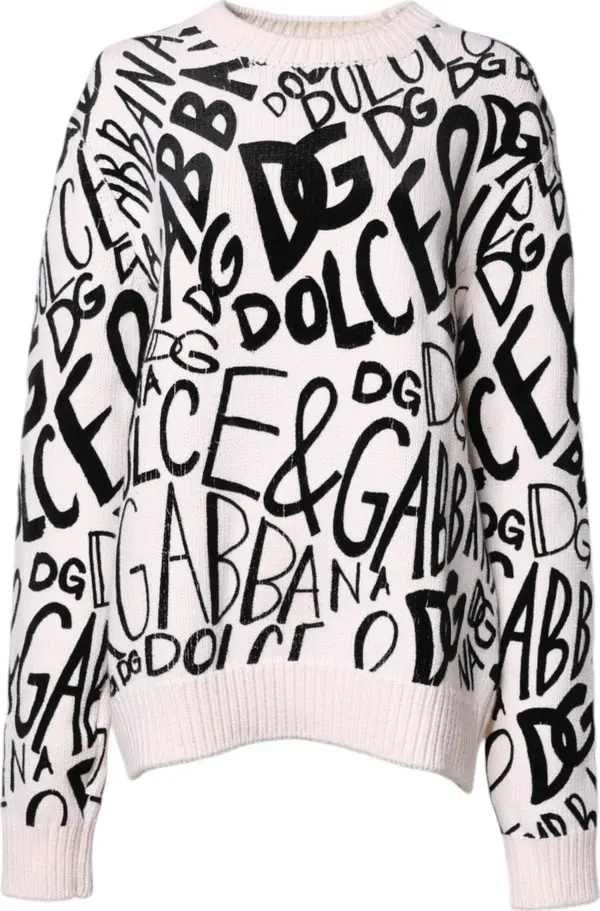 White Black Logo Print Women Pullover Sweater