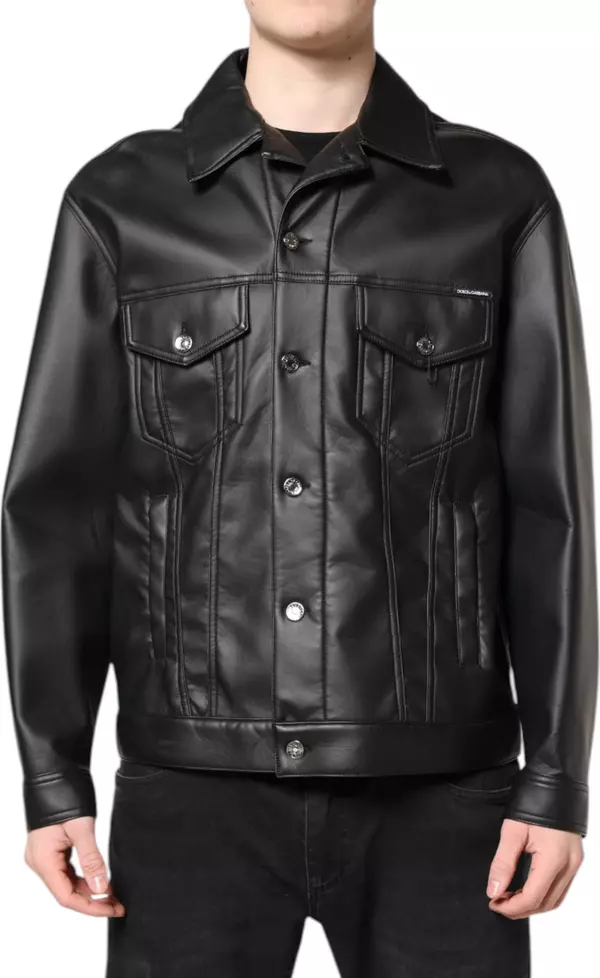 Black Polyester Button Down Biker Jacket