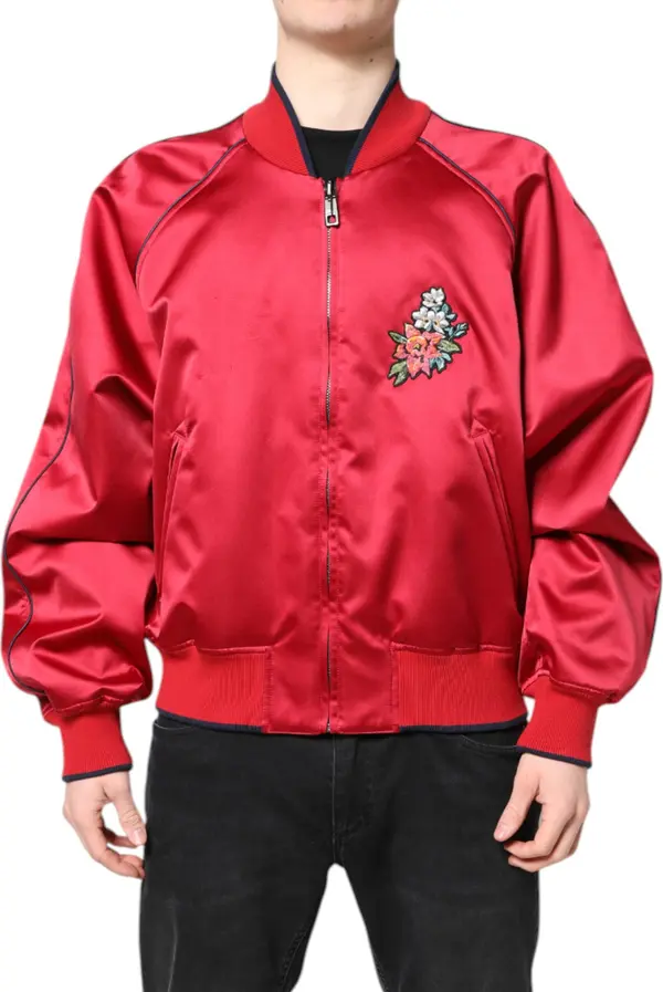 Red Floral Patch Full Zip Men Bomber Jacket