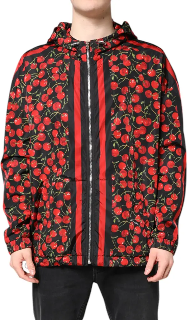 Black Cherry Print Hooded Windbreaker Jacket