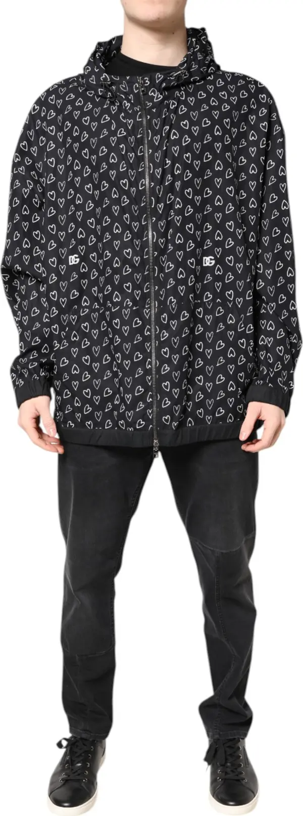Black Heart Print Hooded Windbreaker Jacket