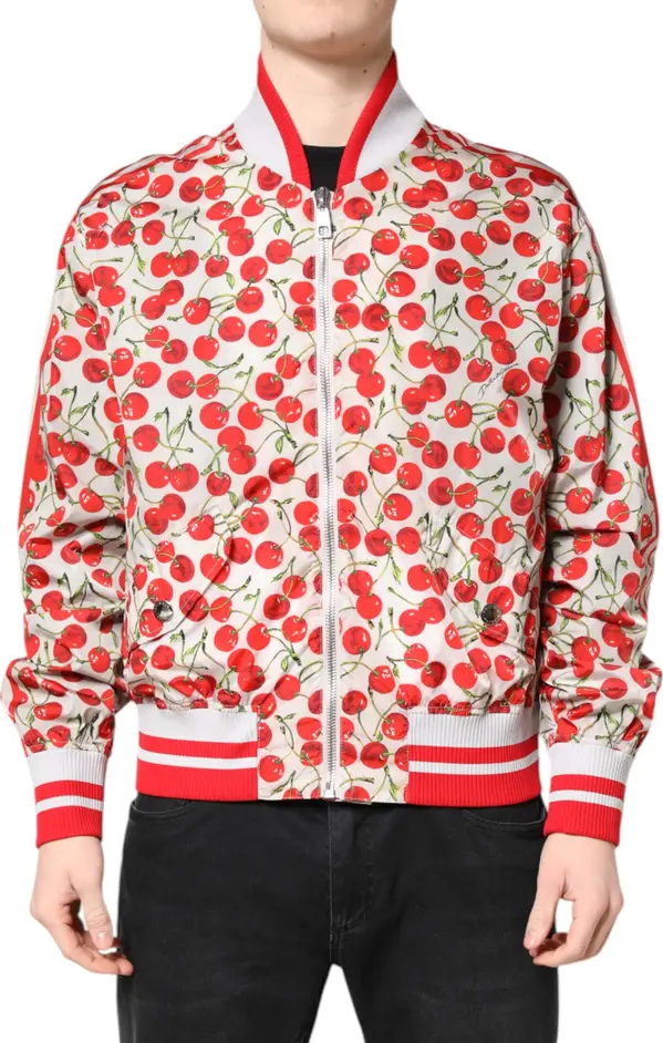 White Cherry Print Full Zip Bomber Jacket