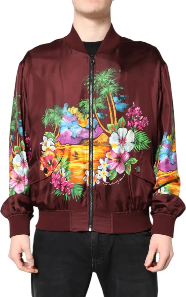 Maroon Floral Print Full Zip Bomber Jacket