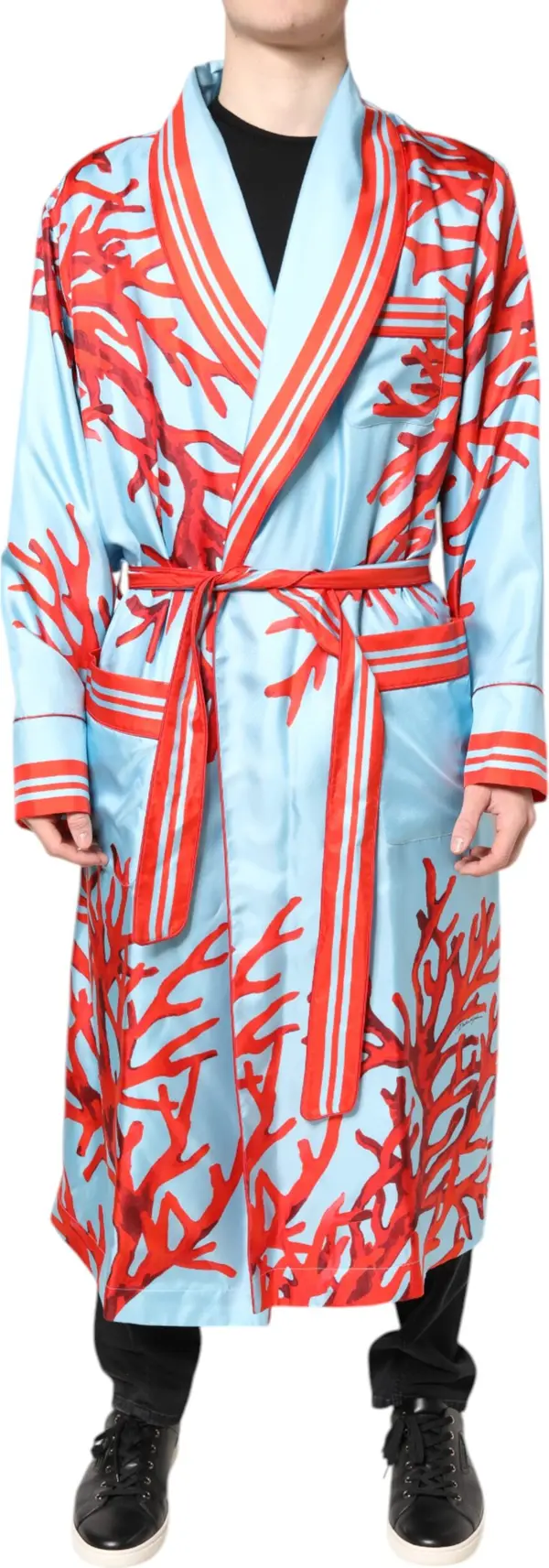 Blue Red Coral Print Wrap Robe Coat Jacket