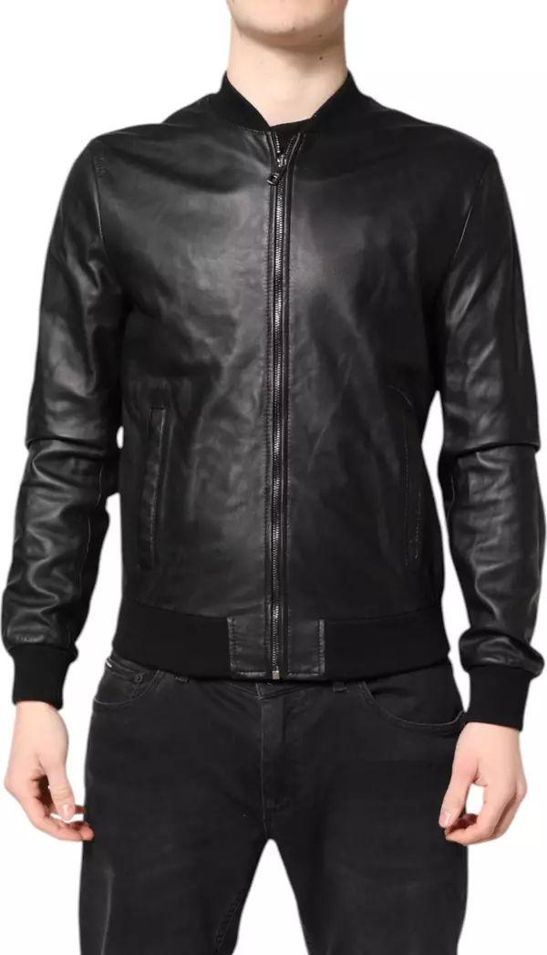 Black Lambskin Leather Full Zip Biker Jacket
