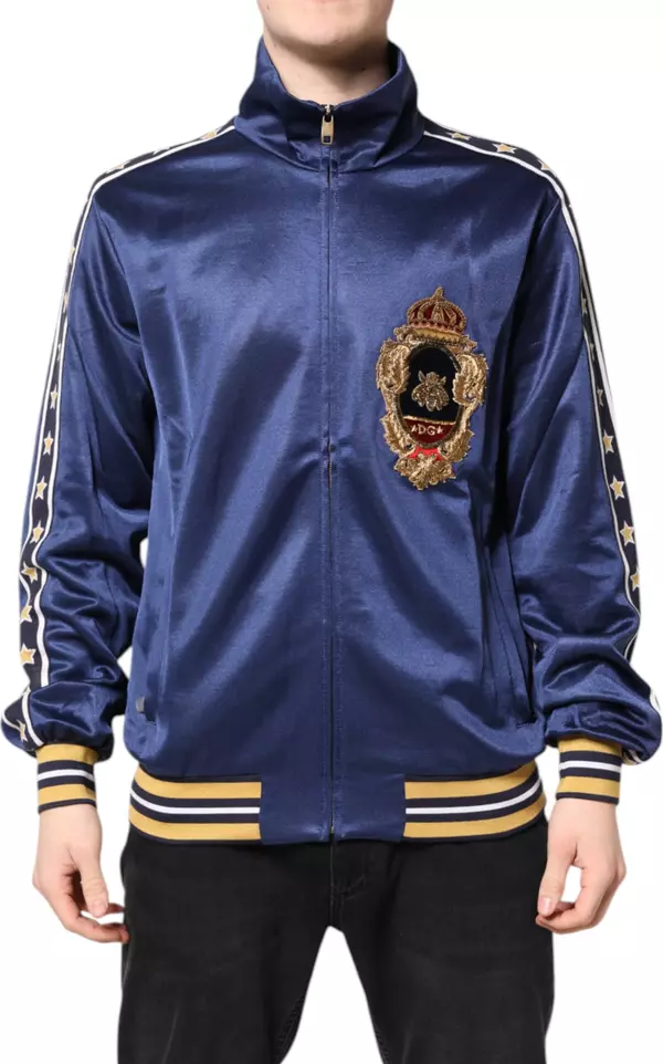Blue Nylon Logo Patch Men Bomber Sweater