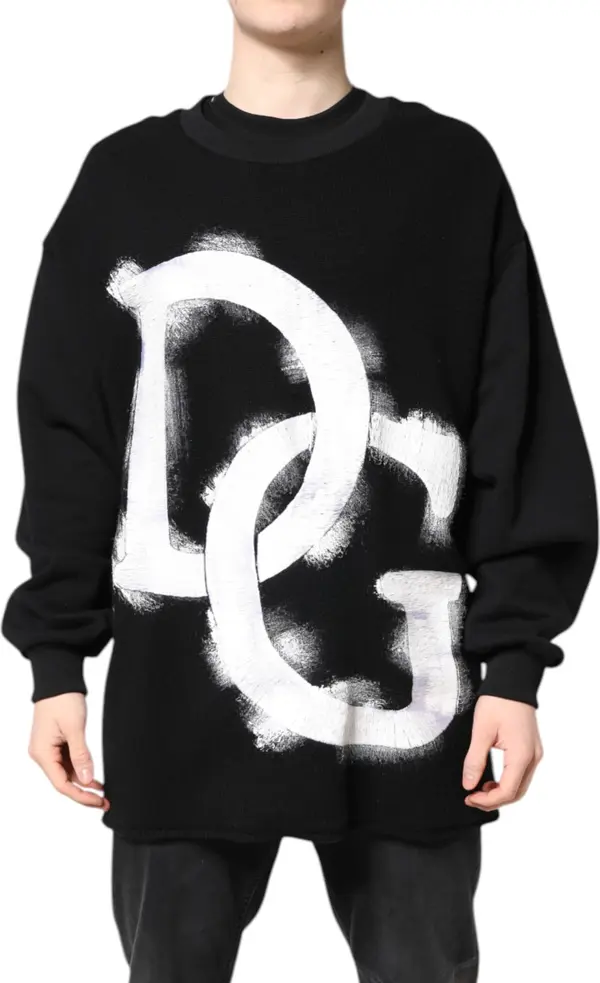 Black Cotton Logo Print Men Pullover Sweater