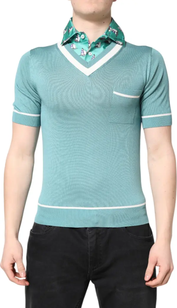 Green Printed Collared Short Sleeve T-shirt