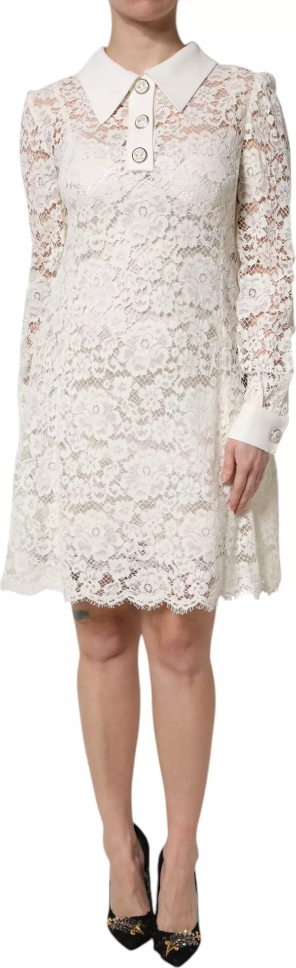 White Floral Lace Long Sleeves Shift Dress