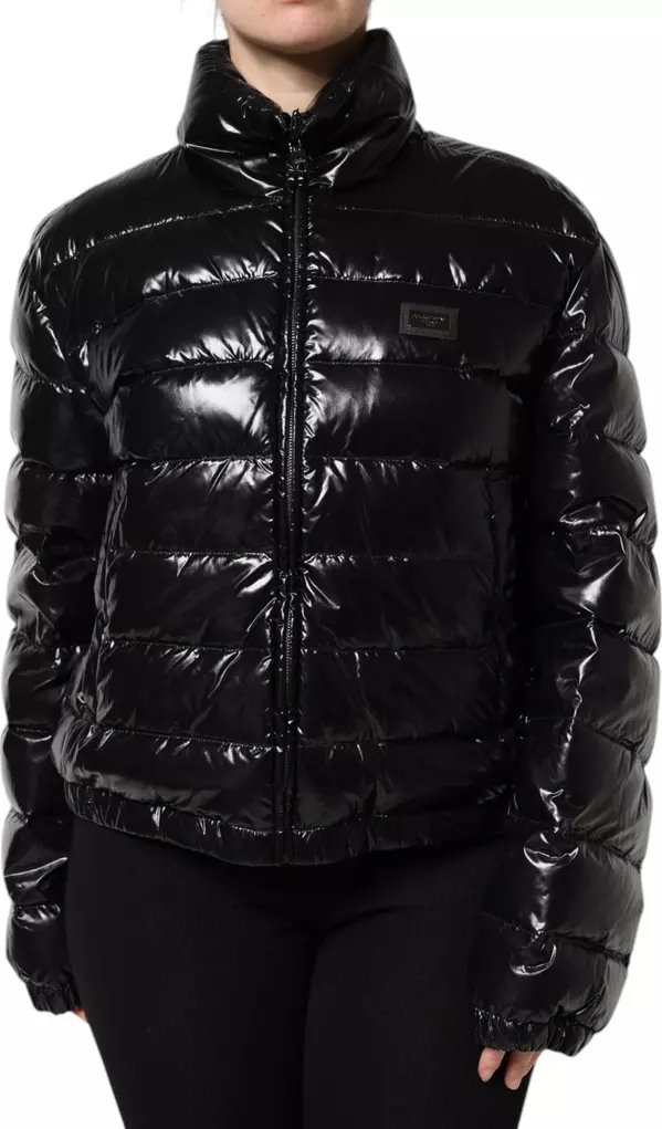 Black Logo Plaque Full Zip Puffer Jacket