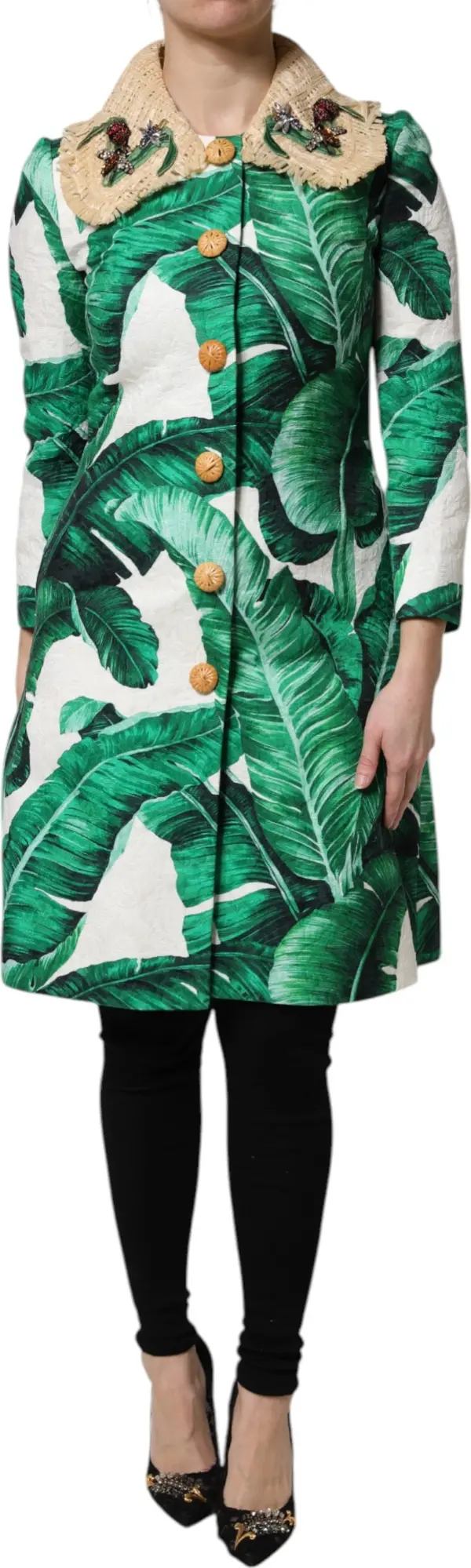 Multicolor Leaf Print Embellished Trenchcoat Jacket