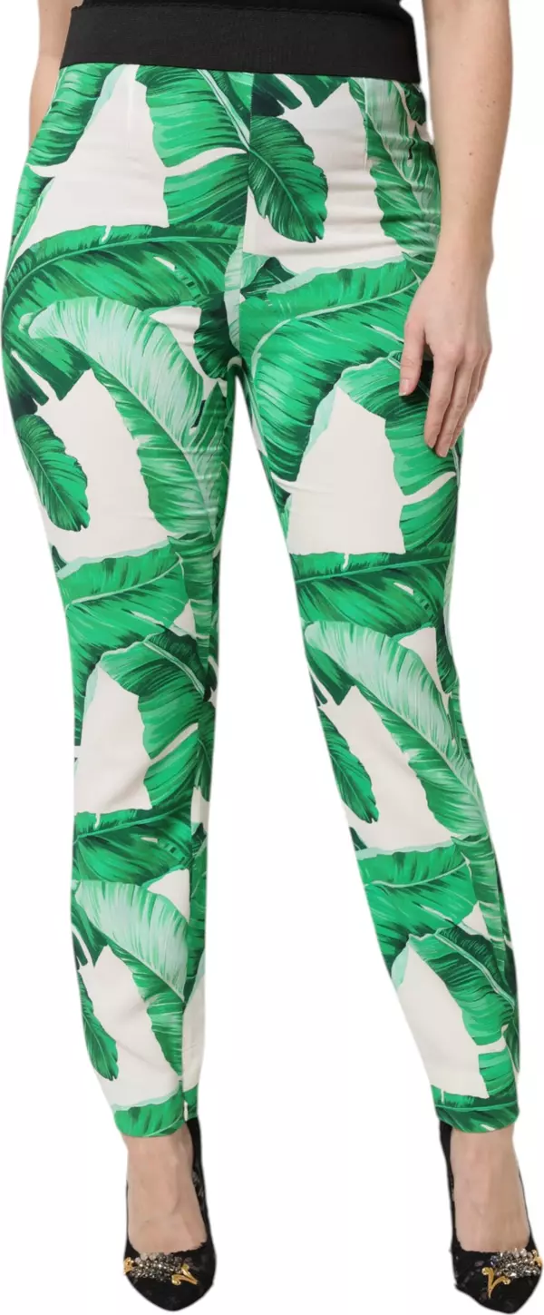 White Green Leaf High Waist Pants