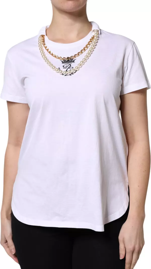 White Chain Pearl Cotton Round Neck T-shirt