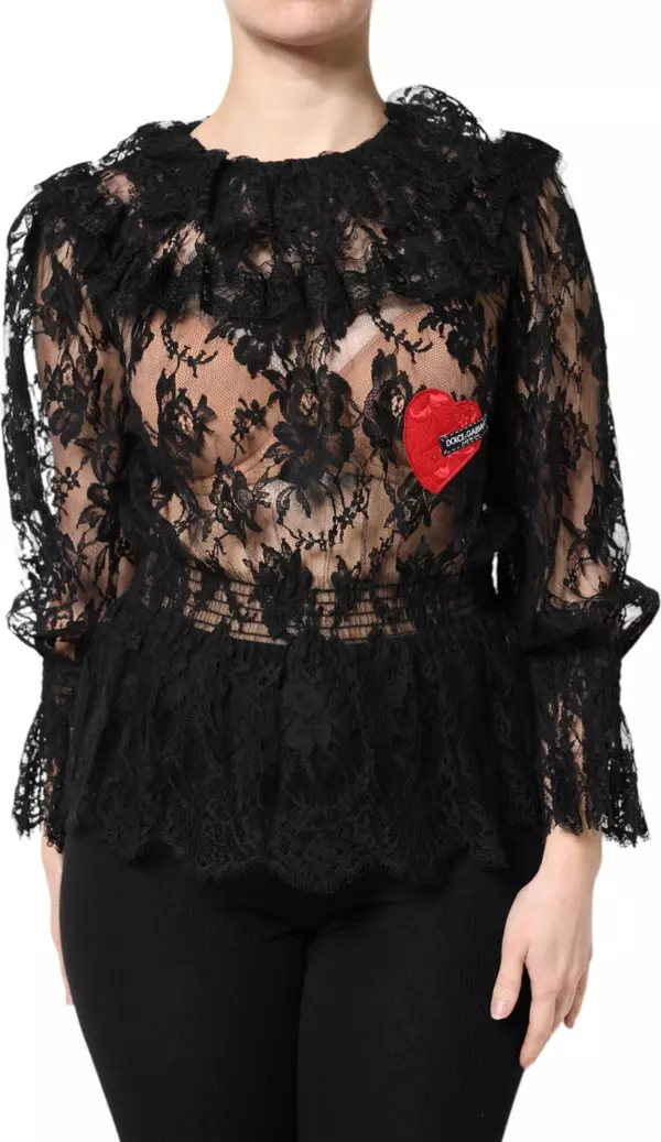 Black Cotton Floral Lace Women Blouse Top