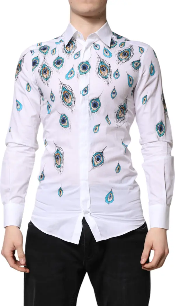 White Cotton Feather Print GOLD Dress Shirt