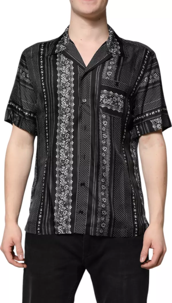 Black Silk Floral Print Short Sleeves Shirt