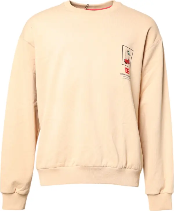 Beige Cherry Print Crew Neck Pullover Sweater
