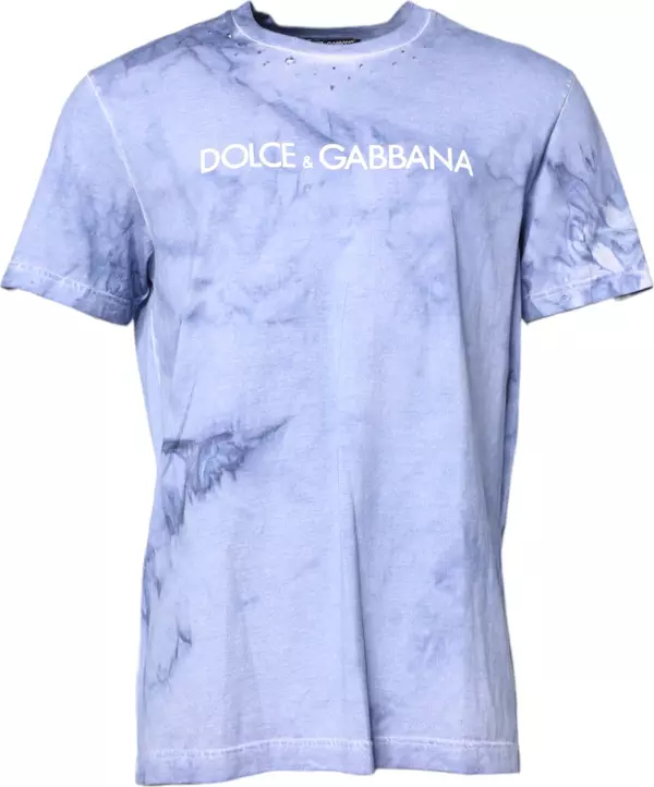 Blue Cotton Logo Print Crew Neck T-shirt