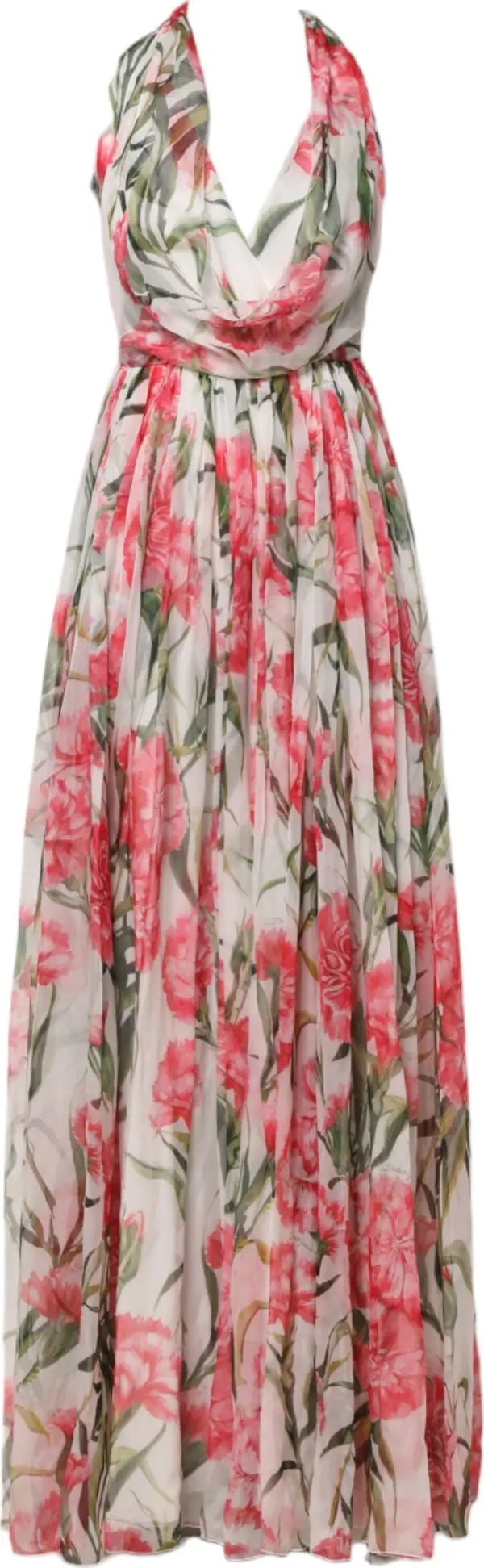 White Floral Silk Halter A-line Maxi Dress