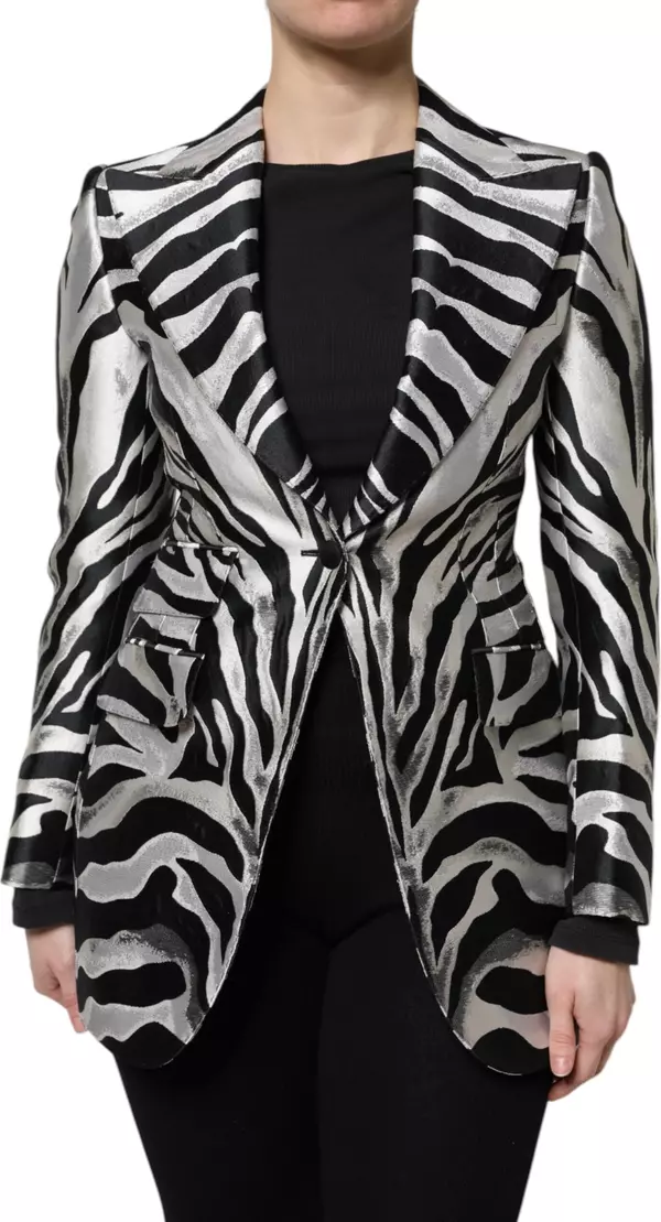 Black White Polyester Women Blazer Jacket