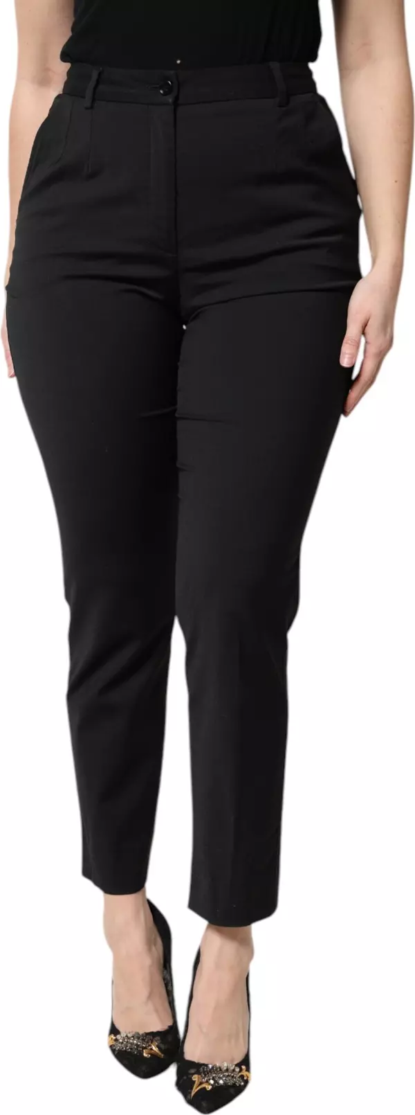 Black Polyester High Waist Slim Pants