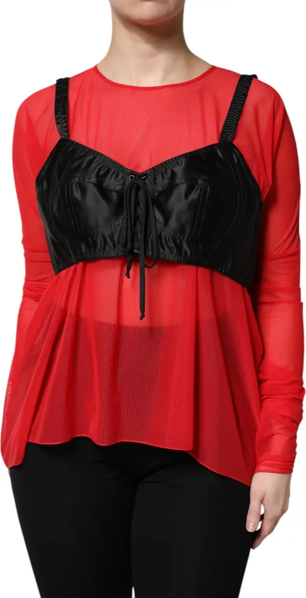 Red Black Bustier Detailing Long Sleeves Top