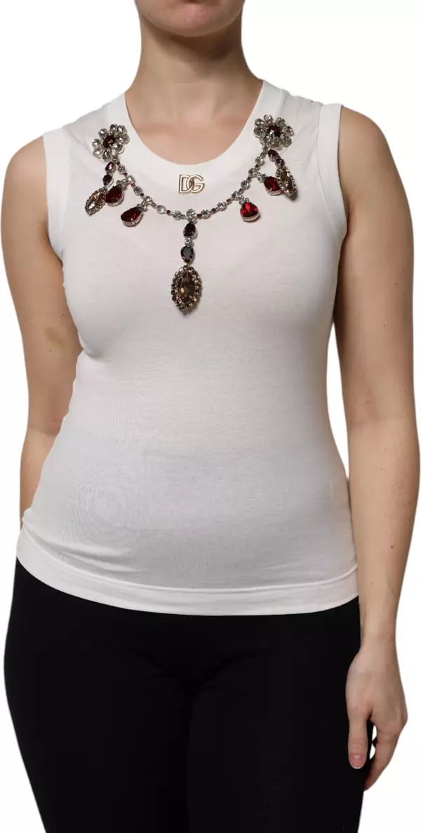 White Cotton Logo Crystal Detailing Tank Top