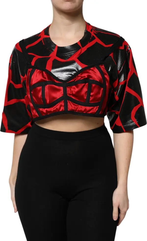 Red Black Cotton Bustier Detailing Cropped Top