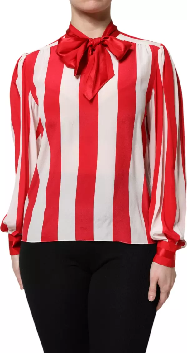 Red White Stripes Ascot Collar Blouse Top