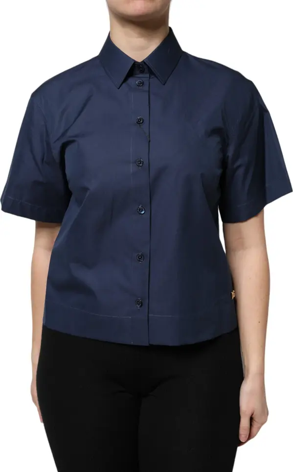 Blue Cotton Short Sleeves Button Down Top
