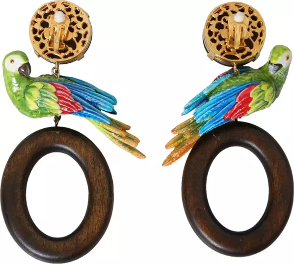 Multicolor Parrot Wood Brass Crystal Embellished Earrings