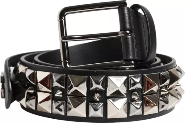 Black Calf Leather Studded Silver Buckle Belt