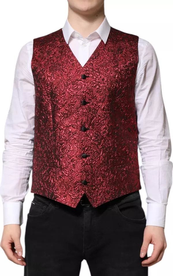 Red Floral Brocade Formal Men Waistcoat Vest