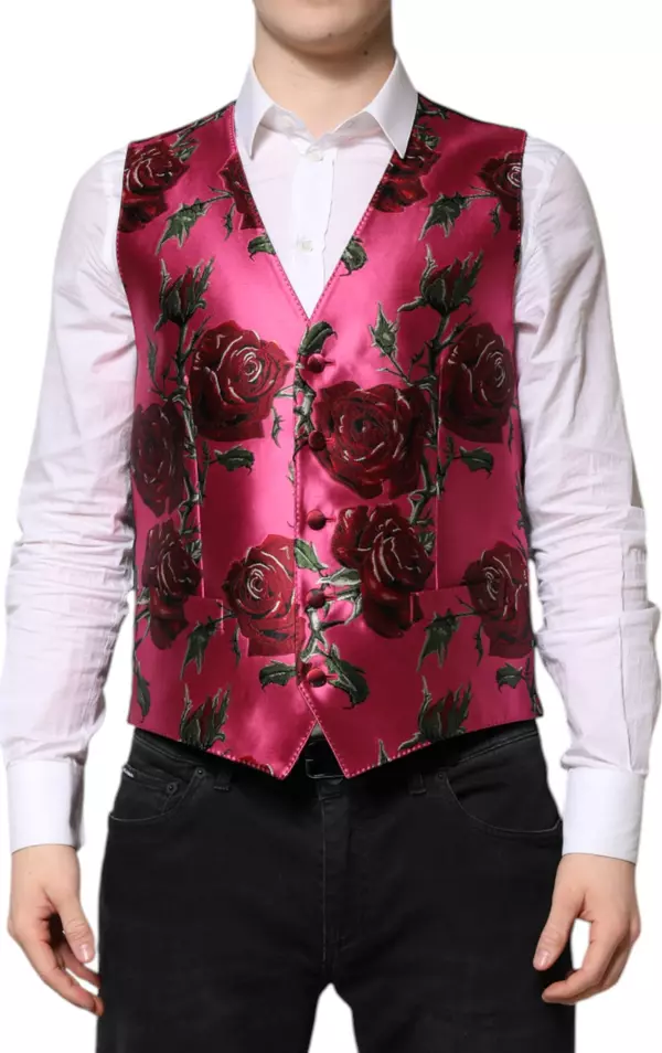 Pink Floral Satin Formal Men Waistcoat Vest