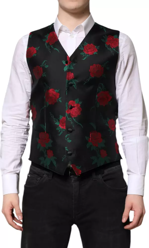 Red Floral Brocade Formal Men Waistcoat Vest