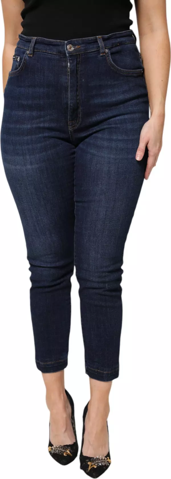 Blue Cotton High Waisted Cropped Denim Jeans