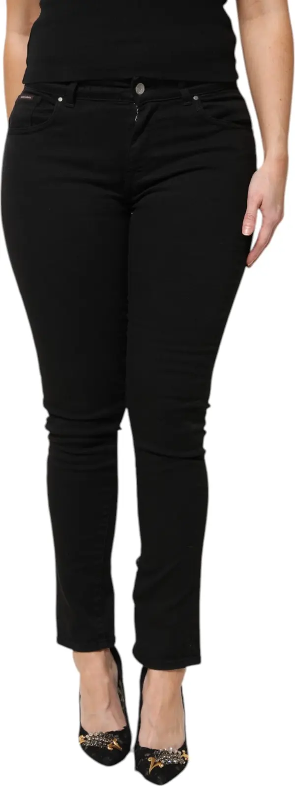 Black Cotton Logo Mid Waist Skinny Denim Jeans