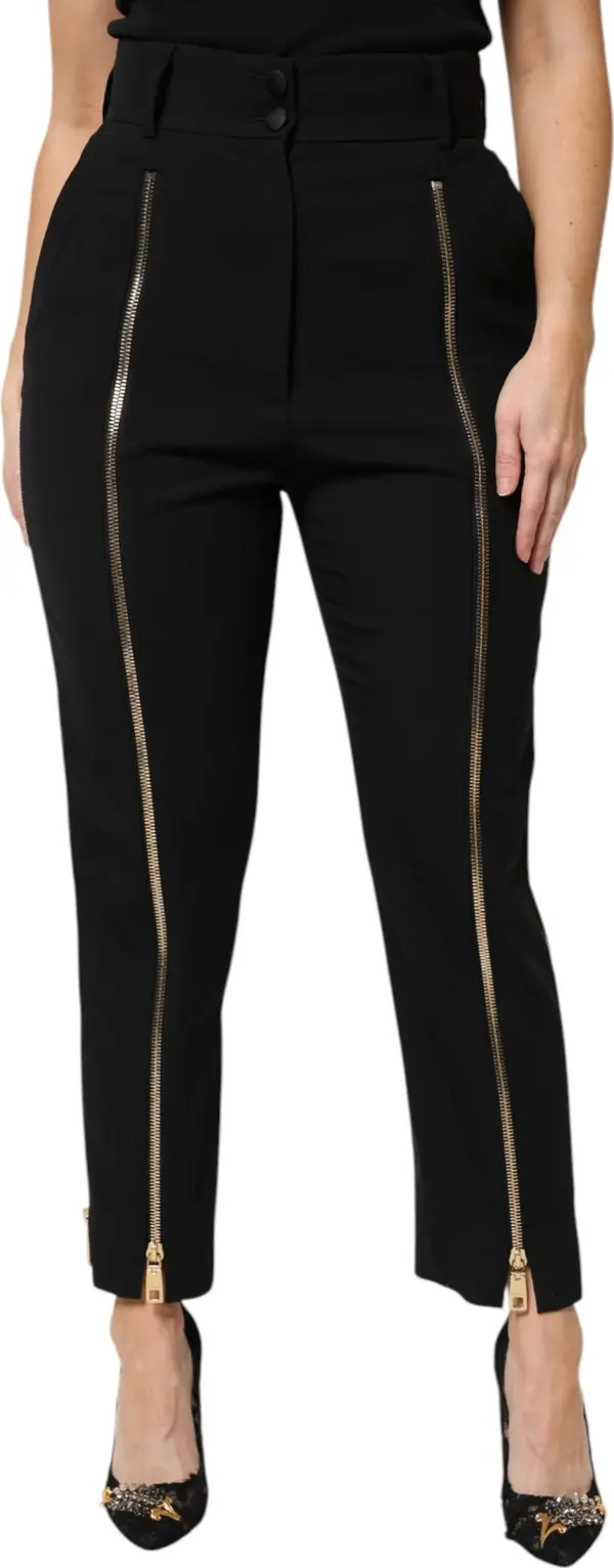 Black Wool High Waist Zipper Tapered Pants