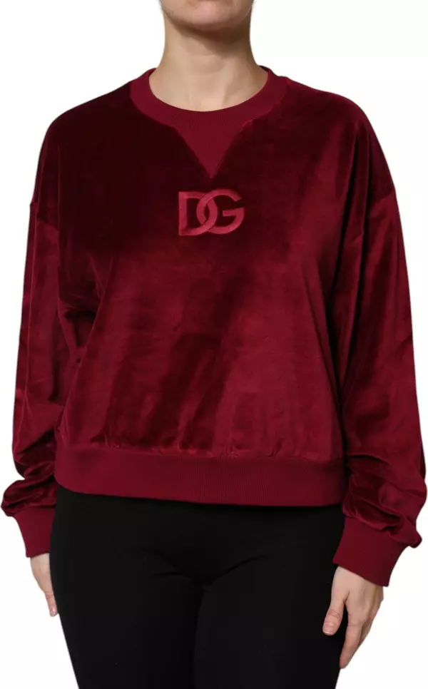 Red Cotton Velvet Crew Neck Pullover Sweater