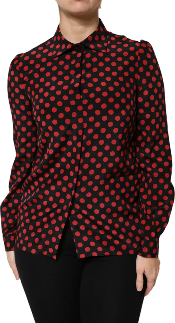 Black Red Polka Dot Silk Long Sleeves Top