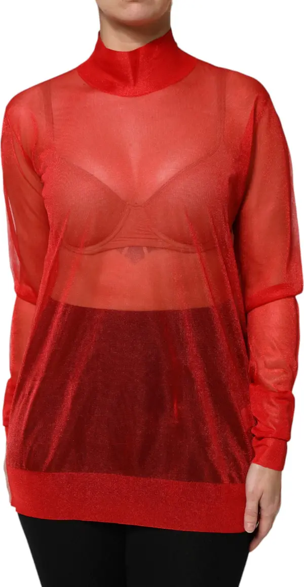 Red Tulle Turtleneck Long Sleeve Blouse Top