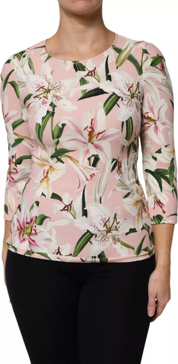 Pink Lily Print Viscose Round Neck Blouse Top