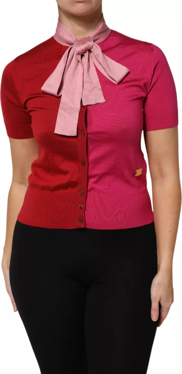 Pink Short Sleeves Buttoned Ascot Collar Top