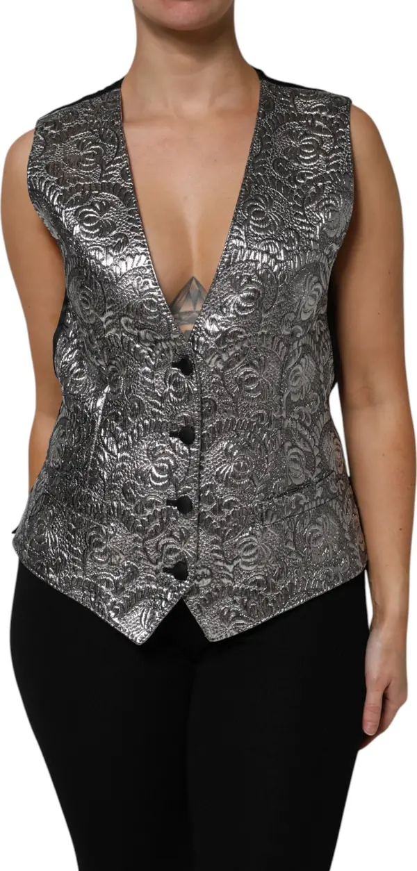 Silver Floral Jacquard Sleeveless Vest Top