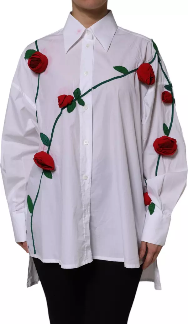 White Cotton Floral Appliques Dress Shirt Top