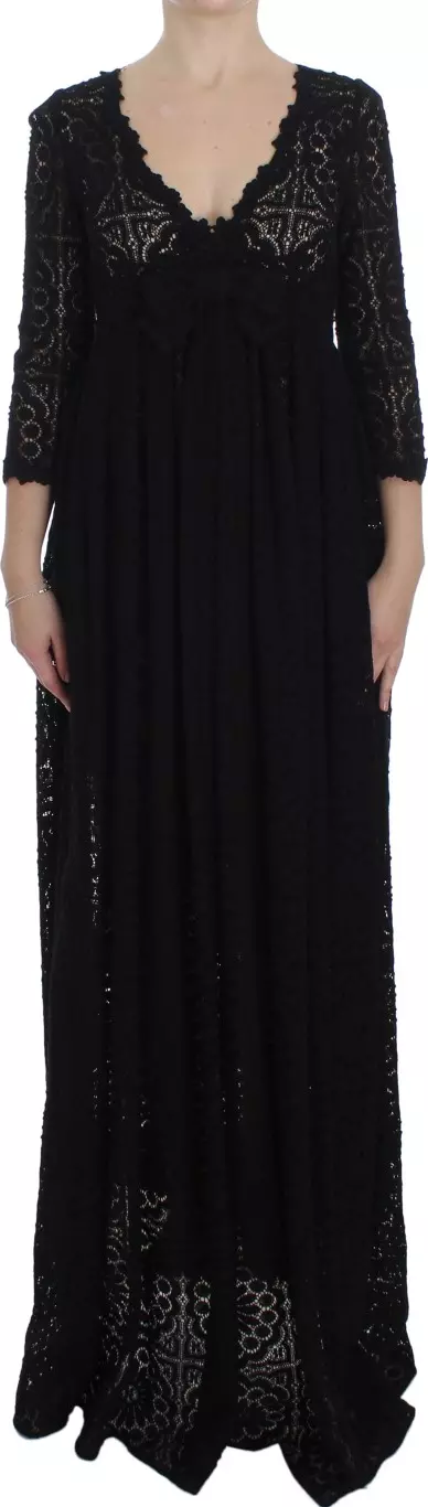 Black Ricamo Knitted Full Length Maxi Dress