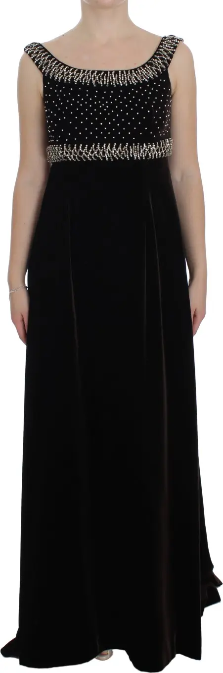 Brown Velvet Crystal Sheath Gown Dress