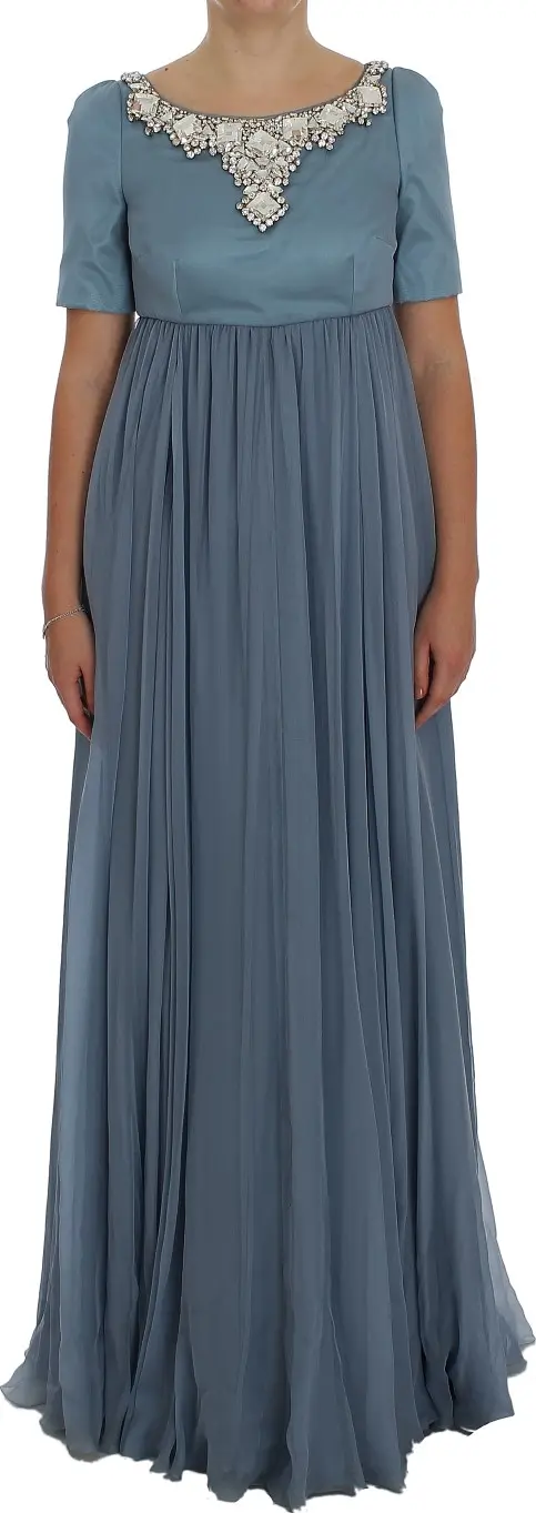 Blue Silk Crystal Sheath Gown Ball Dress