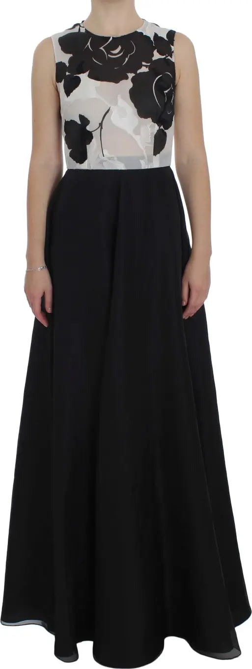 Black White Floral Silk Sheath Gown Dress