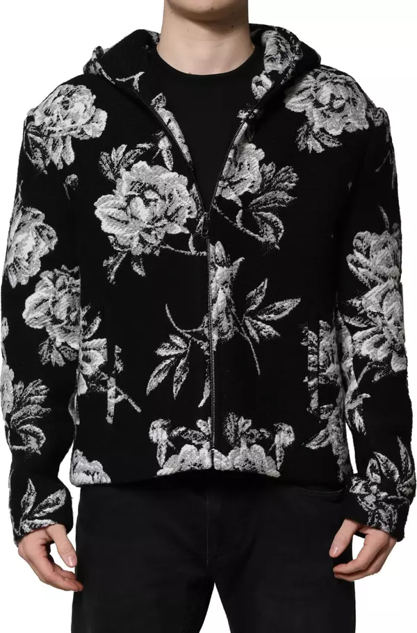 Black Wool Floral Printed Men Hooded Jacket